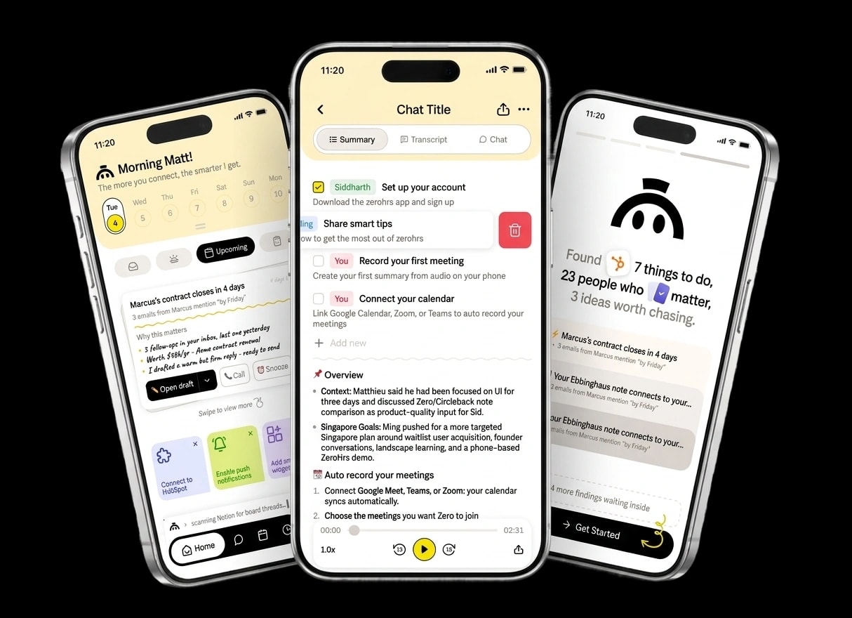 Three iPhone screens previewing the Zero app: Zero's morning brief, a conversation summary, and the day's captured ideas